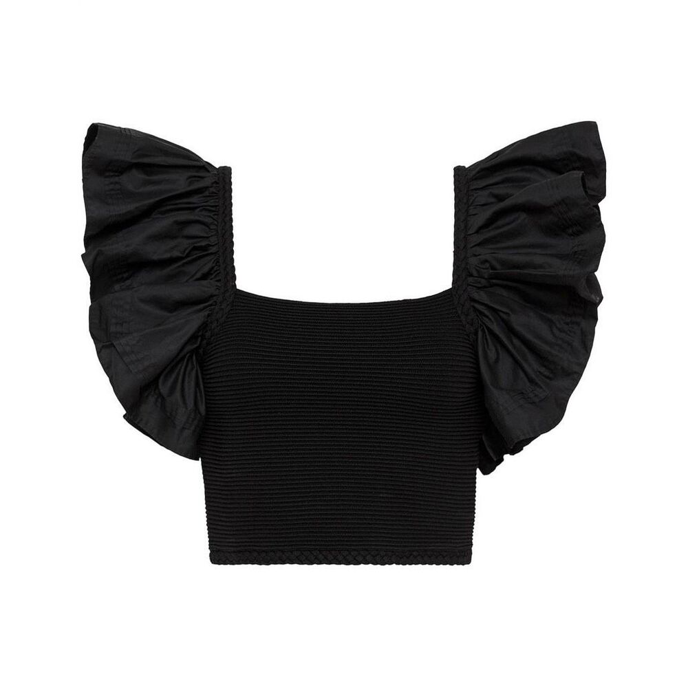 Aje. Corinne Ruffled Ribbed Crop Top - Black - Picture 4 of 11